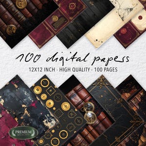 May include: A collection of 100 digital papers with a vintage aesthetic. The papers feature various designs, including antique book covers, ornate frames, and aged textures. The text on the image reads "100 digital papers 12x12 inch - high quality - 100 pages."