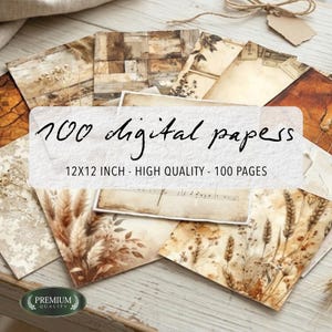 Vintage Ephemera 100 digitaal papier, sepia junk journal kit, koffievlek plakboekachtergronden, antieke kaart en klokkunst