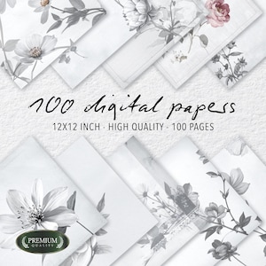 Puede incluir: Una colección de 100 papeles digitales, cada uno de 30,48 cm x 30,48 cm, con diseños florales en tonos grises y blancos. Los papeles muestran varias ilustraciones de flores. El texto dice "100 digital papers".