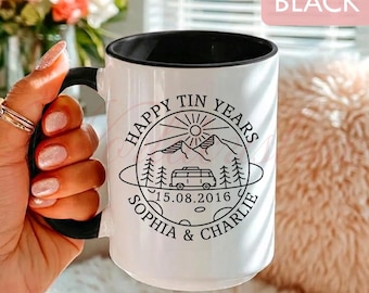 Personalized Anniversary Mug, Custom Tin Years Wedding Gift Coffee Mug, Camper Couple Mug LT0142