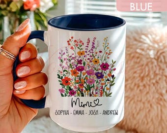 Personalized Mimi Mug, Custom Grandma Gift Coffee Mug with Grandkids Names, Wildflower Mug LT0145-3