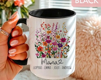 Personalized Mama Mug, Custom Mother Gift Coffee Mug with Kids Names, Wildflower Birthday Gift LT0145-1