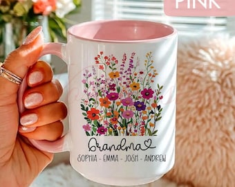 Personalized Grandma Mug, Custom Grandmother Gift Coffee Mug with Grandkids Names, Wildflower Mug LT0145-4