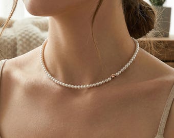 Delicate Pearl Necklace 3mm 4mm, Adjustable Pearl Chain Gold Clasp, Minimal Jewelry Gift