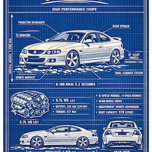Puede incluir: Ilustración estilo plano de un coupé Holden Monaro. Incluye faros proyectores, alerón trasero, llantas de aleación de 18 pulgadas y motor 5.7L V8 LS1. Longitud total 4,785 m, distancia entre ejes 2,788 m.