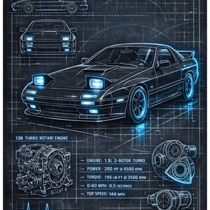 Digital Download Mazda RX-7 FC3S Neon Blueprint Wall Art 8K JDM Drift Poster Printable  Rotary 13B Turbo Tech Spec High-Res Car Blueprint