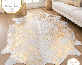 Gold Metallic Cowhide Rug, White & Gold Area Carpet, Luxury Western Decor