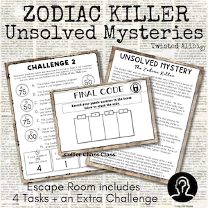 Puede incluir: Materiales de juego de escape room con el tema del asesino del Zodiaco y misterios sin resolver. El conjunto incluye tarjetas de desafío, una hoja de código final y un fondo de recortes de periódicos. La sala de escape incluye 4 tareas y un desafío adicional.