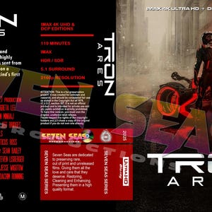 May include: A movie cover for "TRON: ARES" featuring a futuristic figure with a motorcycle. The title is in white, with the "SEVEN SEAS SERIES" logo. The cover includes text about the film's plot, IMAX, and Ultra HD.