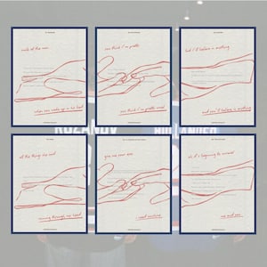 May include: Six art prints with a minimalist design. Each print features red line art of hands and handwritten text in a cursive font. The prints have a cream-coloured background and are framed with a dark blue border. The text includes phrases like "smile at the man" and "you think I'm pretty".