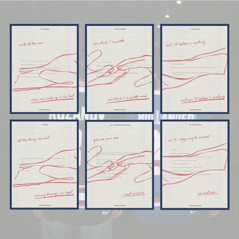 May include: Six art prints with a minimalist design. Each print features red line art of hands and handwritten text in a cursive font. The prints have a cream-coloured background and are framed with a dark blue border. The text includes phrases like "smile at the man" and "you think I'm pretty".
