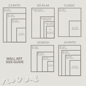 May include: A wall art size guide showing different aspect ratios: 2:3, ISO A1-A4, Classic, 4:5, and 3:4. Each ratio displays multiple rectangular sizes in inches and centimetres, such as 23" x 36" (61 x 91 cm) and 16" x 24" (41 x 61 cm).