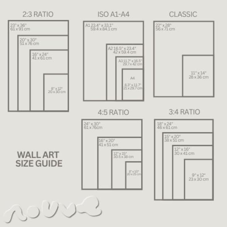 May include: A wall art size guide showing different aspect ratios: 2:3, ISO A1-A4, Classic, 4:5, and 3:4. Each ratio displays multiple rectangular sizes in inches and centimetres, such as 23" x 36" (61 x 91 cm) and 16" x 24" (41 x 61 cm).