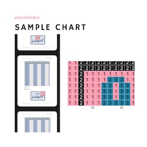 May include: A sample chart with the text "SAMPLE CHART" and the brand name "ataystitches". The chart includes a color-coded grid with numbers and a small image of a logo. The color palette includes pink, black, and blue.