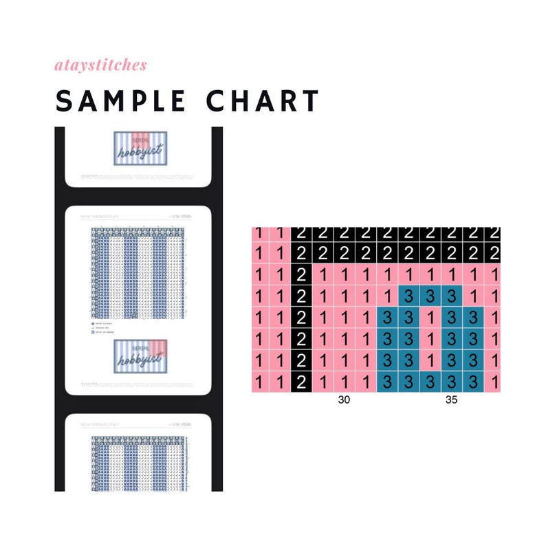 May include: A sample chart with the text "SAMPLE CHART" and the brand name "ataystitches". The chart includes a color-coded grid with numbers and a small image of a logo. The color palette includes pink, black, and blue.