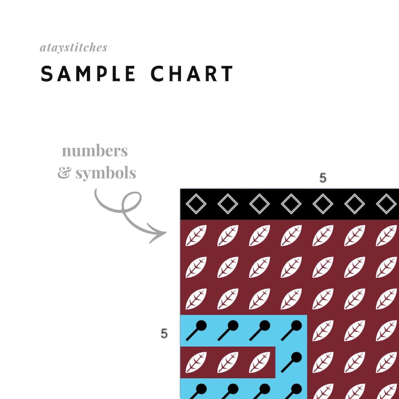 May include: A sample chart with the text "SAMPLE CHART" and "numbers & symbols." The chart features a grid with various symbols, including diamonds, leaves, and pin-shaped icons. The color scheme includes black, burgundy, and light blue.