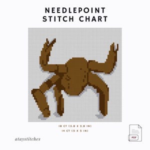 May include: A brown crab needlepoint stitch chart on a grey background. The chart includes the text "NEEDLEPOINT STITCH CHART" and measurements of 9.65 x 9.65 cm and 12.7 x 12.7 cm. The PDF file is available for download.