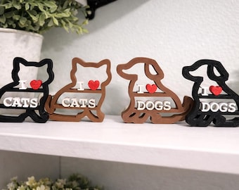 I Love Cats / I Love Dogs Schild - 3D gedrucktes Haustier-Regaldekor - Niedliche Katze & Hund Silhouette Geschenk