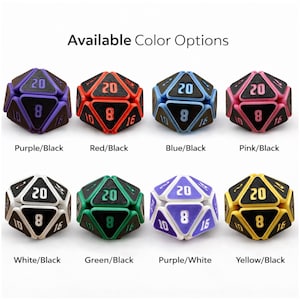 May include: Eight multi-sided dice in various color combinations, including purple/black, red/black, and blue/black. Each die displays numbers 8, 10, 16, and 20. The text "Available Color Options" is at the top.
