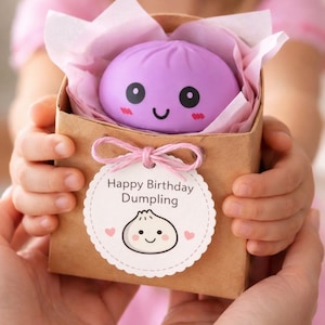 May include: A purple dumpling-shaped toy with a smiling face rests in a small brown gift box lined with pink tissue paper. A tag tied with pink string reads "Happy Birthday Dumpling" with a dumpling illustration.