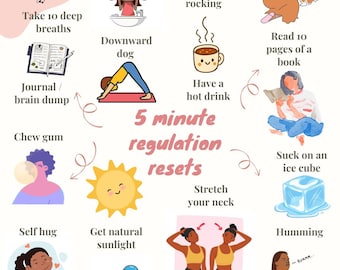 May include: An illustrated guide with tips for self-care and emotional regulation. The image features various activities, including taking deep breaths, journaling, and cuddling a pet. Text reads "5 minute regulation resets."