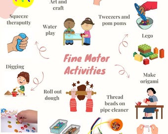 May include: An illustrated guide to fine motor activities for children. The image shows various activities, including art and craft, water play, Lego, and bracelet making. Text includes "Fine Motor Activities" and "The_OptimisticOT".