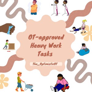 Op de afbeelding: Illustratie met de tekst "OT-approved Heavy Work Tasks" en "The_Optimistic01". De afbeelding toont verschillende activiteiten, waaronder het duwen van een doos, het knijpen in een spons en het trekken van een kruiwagen, met cartoonfiguren.