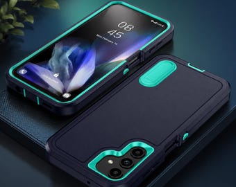 May include: Two-piece navy blue phone case with teal accents. The phone case is shown with a phone displaying the time 08:45 and the date Monday, February 14. The case has a built-in kickstand and camera lens protection.