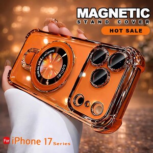May include: Orange magnetic stand cover for iPhone 17 series. The phone case has a metallic gold frame and a circular stand with the text "Innovation of the world". The case also features a "Hot Sale" label.