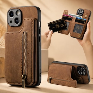 May include: A brown leather-textured phone case featuring a vertical zippered pocket on the back. The case includes a foldable wallet section with multiple card slots, snap button closures, and a camera cutout. The design accommodates credit cards.