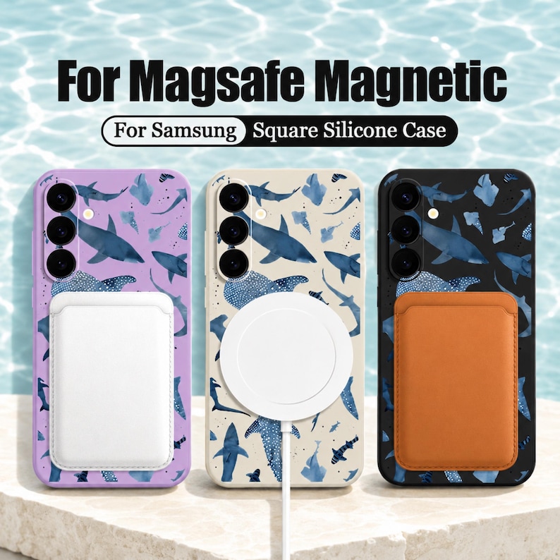 Whale pattern magsafe magnetic soft silicone phone case with lanyard for samsung galaxy series image 2