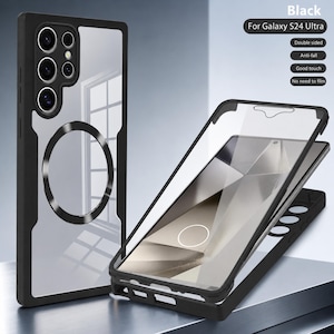 May include: Black phone case for a Galaxy S24 Ultra. The case is double-sided, anti-fall, and has a good touch. The case has a clear back and a black frame with a circular magnetic ring. The text on the image says "No need to film."
