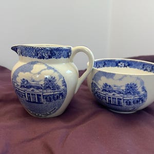 Vintage Adams England Blue Transferware Monticello Creamer Sugar Set | Thomas Jefferson | Early 20th Century