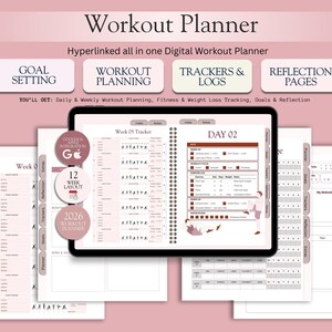 Könnte beinhalten: Digitaler Trainingsplaner in Rosa und Weiß. Enthält Abschnitte für Zielsetzung, Trainingsplanung, Tracker & Protokolle und Reflexionsseiten. Bietet tägliche und wöchentliche Trainingsplanung, Fitness- und Gewichtsverlust-Tracking. Der Planer ist für 2026 konzipiert.