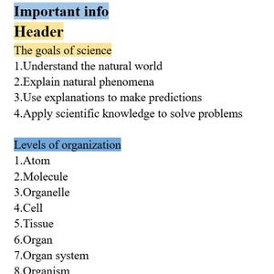 May include: A handwritten science lesson on a white background. The text includes the title "Unit 1 Science", followed by "Important info" and "Header". The lesson covers "The goals of science" and "Levels of organization".