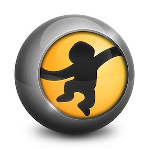 May include: A glossy, metallic gray sphere with a yellow center. Inside the yellow circle is a black silhouette of a person with arms outstretched and legs bent, in a jumping pose. The image has a 3D effect.