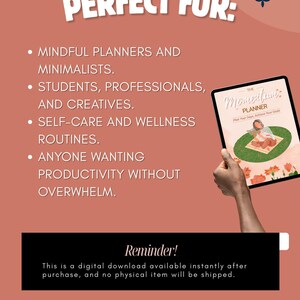 May include: A digital planner displayed on a tablet, featuring the text "The Momentum Planner." The image includes a list of ideal users: mindful planners, students, creatives, and those seeking wellness routines. The background is a warm peach color.
