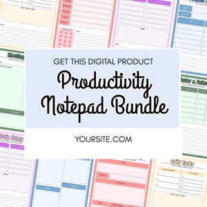 以下が含まれることがあります： ピンク、青、緑など、さまざまな色のデジタルノートパッドテンプレートのコレクション。画像には、毎日のタスク、プロジェクト計画、会議のメモ用のテンプレートが使用されています。画像には「Productivity Notepad Bundle」と「YOURSITE.COM」という文字が書かれています。