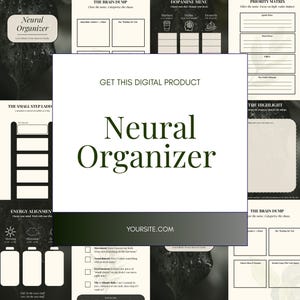 Op de afbeelding: Digitale planner genaamd "Neural Organizer" met verschillende secties voor planning en organisatie. Inclusief secties voor brain dumps, een dopamine menu en een prioriteitenmatrix. Ontworpen om taken te categoriseren.