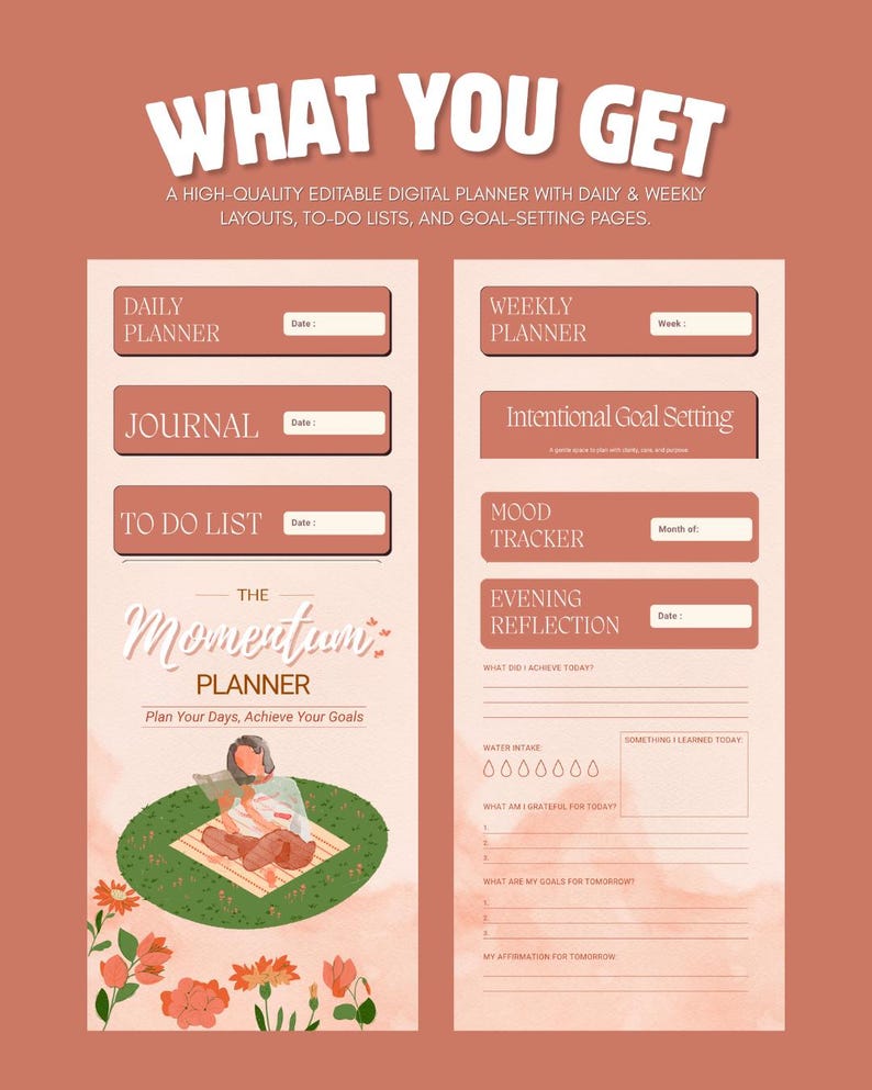 May include: Digital planner with daily and weekly layouts, to-do lists, and goal-setting pages. The planner includes sections for daily planning, journaling, and mood tracking. The cover features the text "WHAT YOU GET" and "The Momentum Planner".