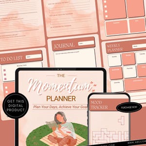 May include: A digital planner with a peach and white color scheme. The image includes a tablet and smartphone displaying the planner's interface, along with various planning pages. Text includes "The Momentum Planner" and "Plan Your Days, Achieve Your Goals."