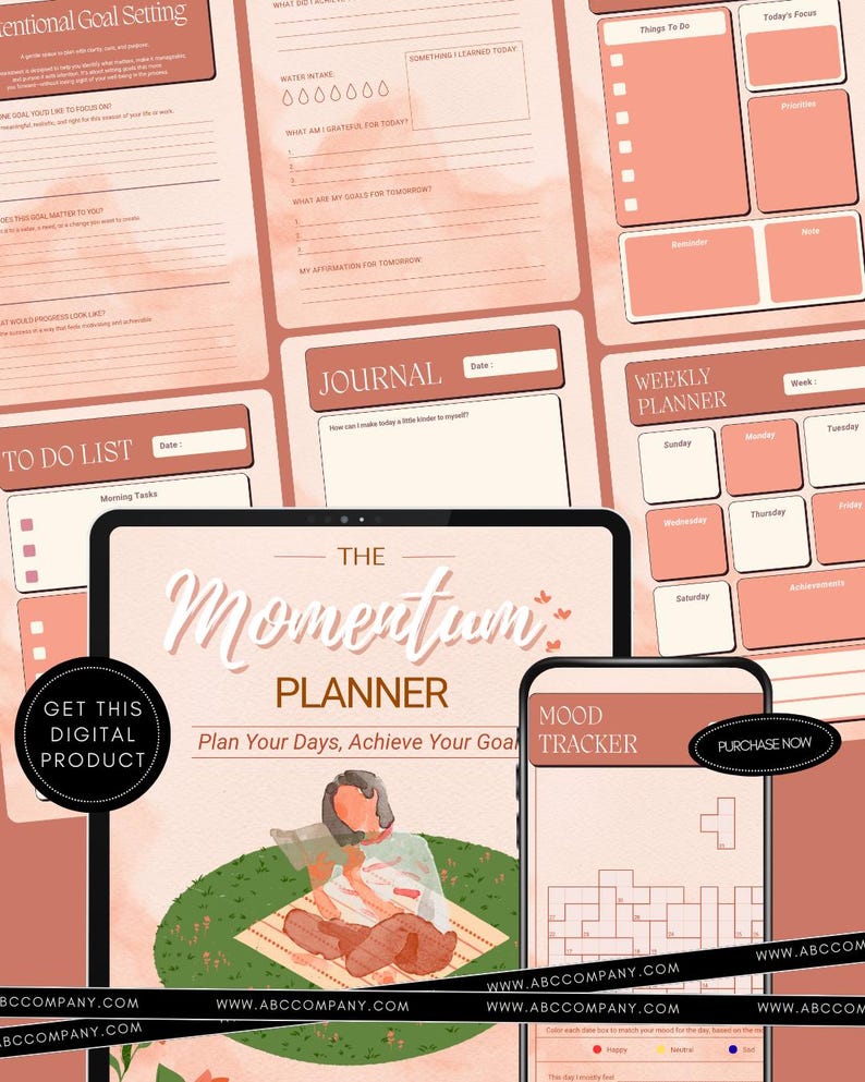 May include: A digital planner with a peach and white color scheme. The image includes a tablet and smartphone displaying the planner's interface, along with various planning pages. Text includes "The Momentum Planner" and "Plan Your Days, Achieve Your Goals."