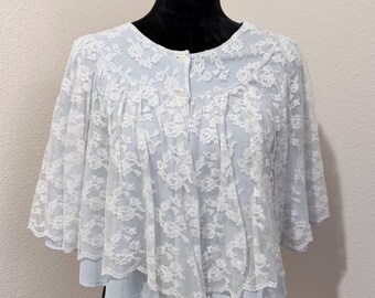Vintage Mid-Century Nanette Baby Blue Nylon Boudoir Jacket Open Swing Top Size L