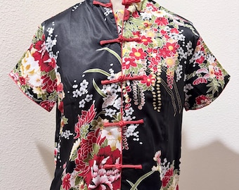 Vintage Yue He Shi Lu black floral blouse with frog closures