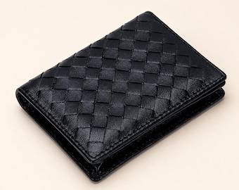 Woven Genuine Leather Card Holder, Sheepskin Wallet, Slim Coin Purse, Small Business Card Case, Minimalist Wallet for Women