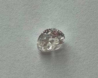 May include: A clear, oval-shaped diamond with multiple facets, reflecting light. The gemstone is set against a plain, light-colored background, showcasing its brilliance and clarity. This diamond is suitable for jewelry.