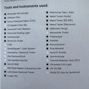 May include: A printed document detailing tools and instruments used for diamond analysis. The list includes a binocular microscope, Chelsea filter, and other specialized equipment. The total weight of the diamond is 0.85 CTW.