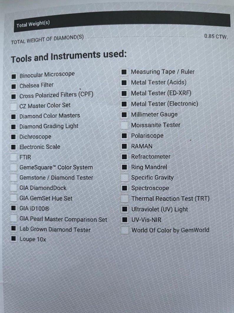 May include: A printed document detailing tools and instruments used for diamond analysis. The list includes a binocular microscope, Chelsea filter, and other specialized equipment. The total weight of the diamond is 0.85 CTW.