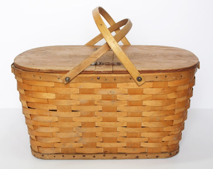 Vintage Picnic Basket Extra Large Woven Basket With Hinged Etsy