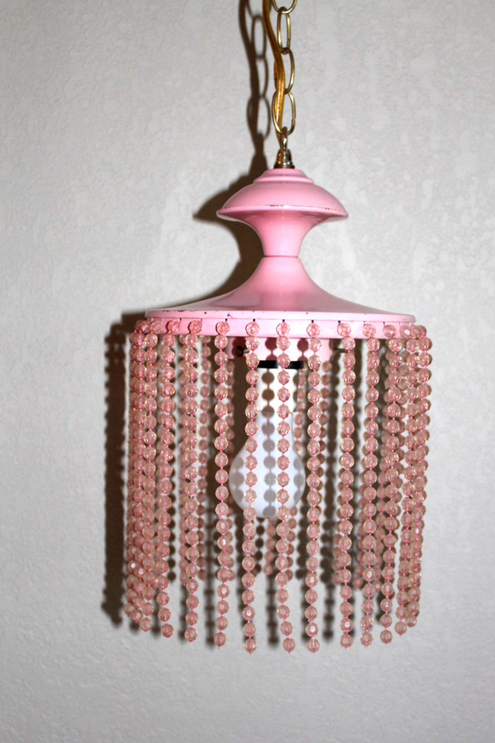 Vintage Pink Metal Beaded Chandelier Hanging Globe with Pink Etsy